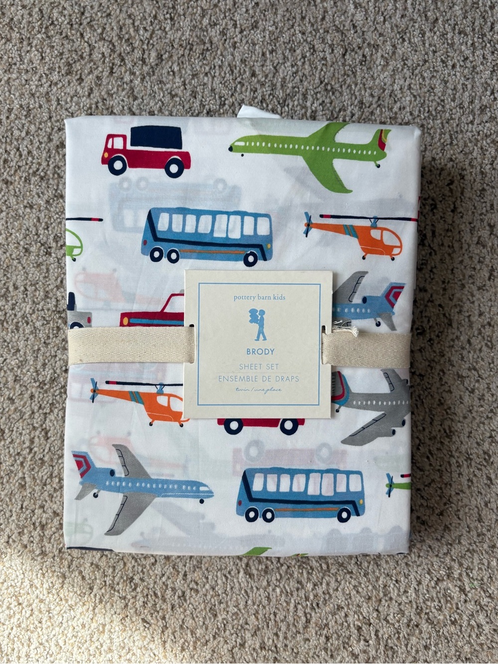 New Pottery Barn Kids Brody Sheet Set Twin Airplanes Helicopter Car Bus Cotton
